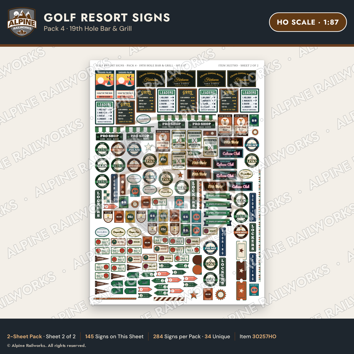 Alpine Railworks 30257HO HO Scale Golf Resort Signs - 19th Hole Bar