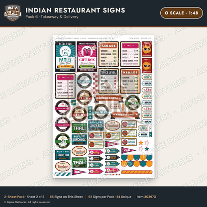 Alpine Railworks 30397O O Scale Indian Restaurant Signs - Takeaway
