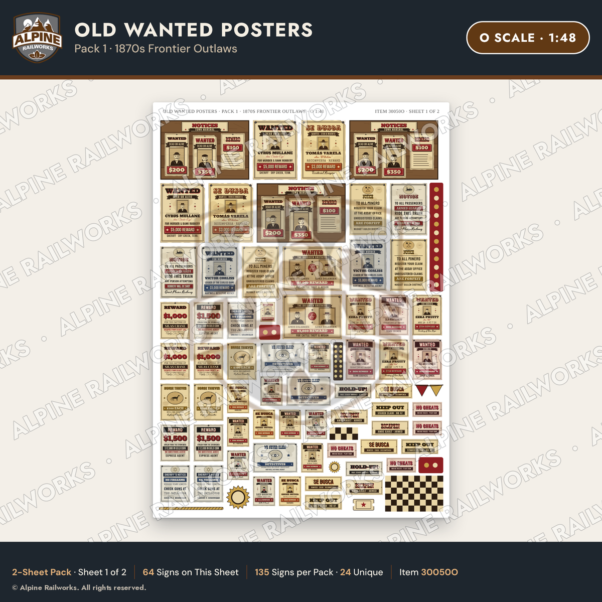 Alpine Railworks 30050O O Scale Old Wanted Posters - Frontier Outlaws