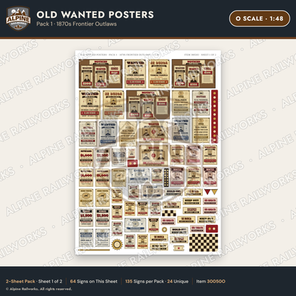 Alpine Railworks 30050O O Scale Old Wanted Posters - Frontier Outlaws