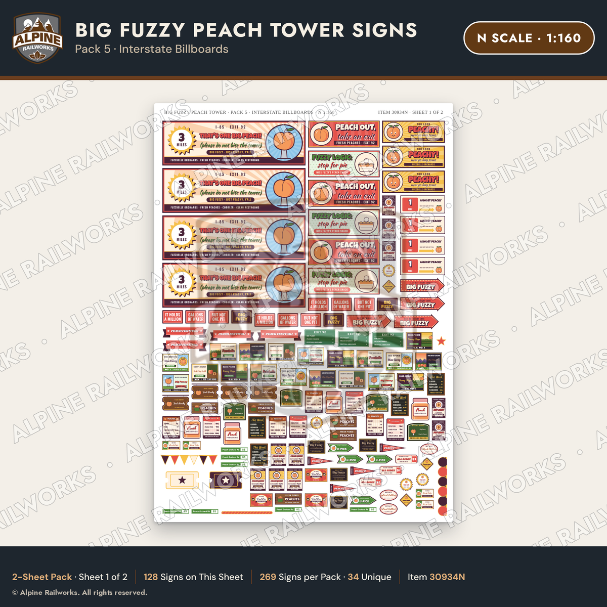 Alpine Railworks 30934N N Scale Roadside Signs - Peach Water Tower