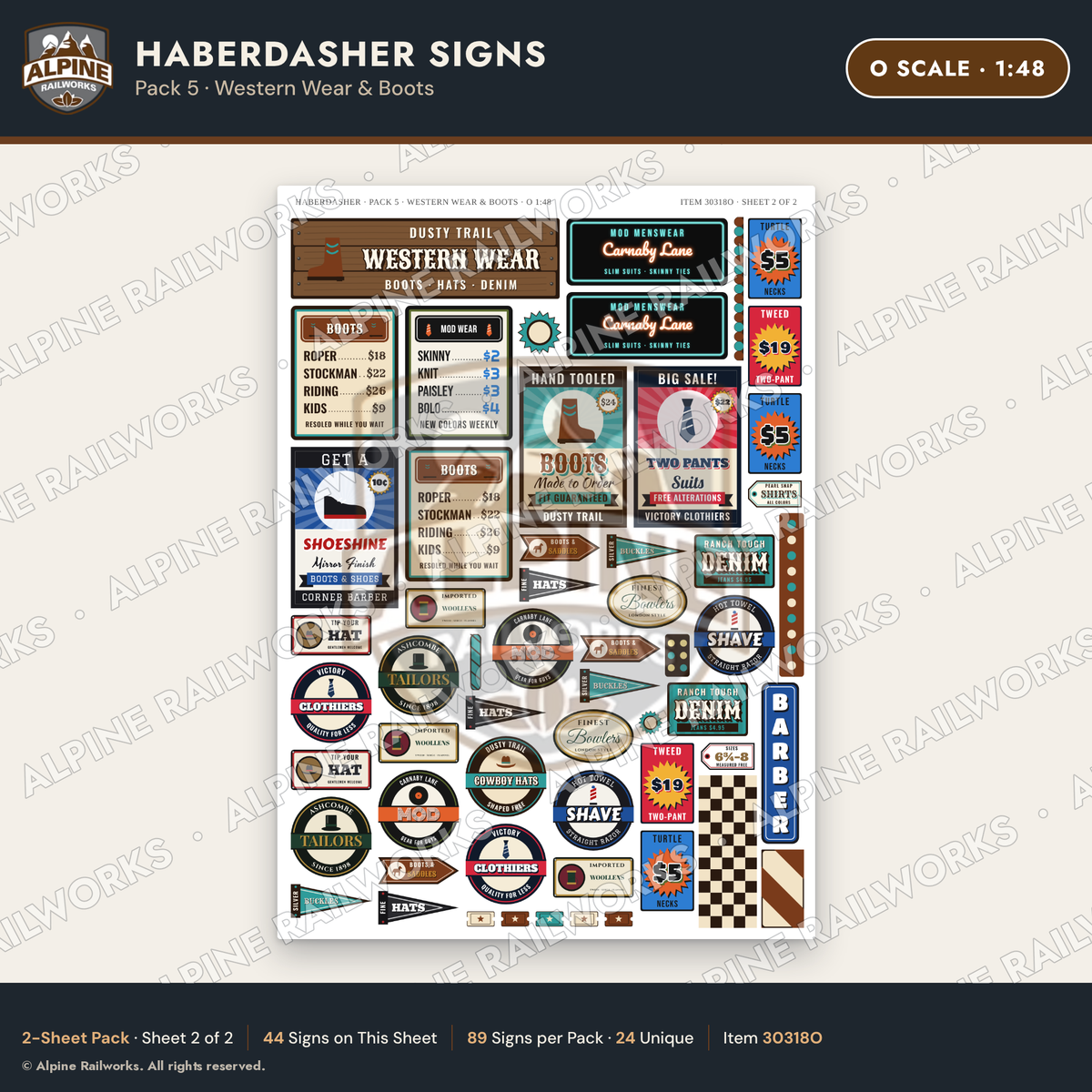 Alpine Railworks 30318O O Scale Haberdasher Signs - Western Wear