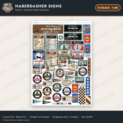 Alpine Railworks 30318O O Scale Haberdasher Signs - Western Wear