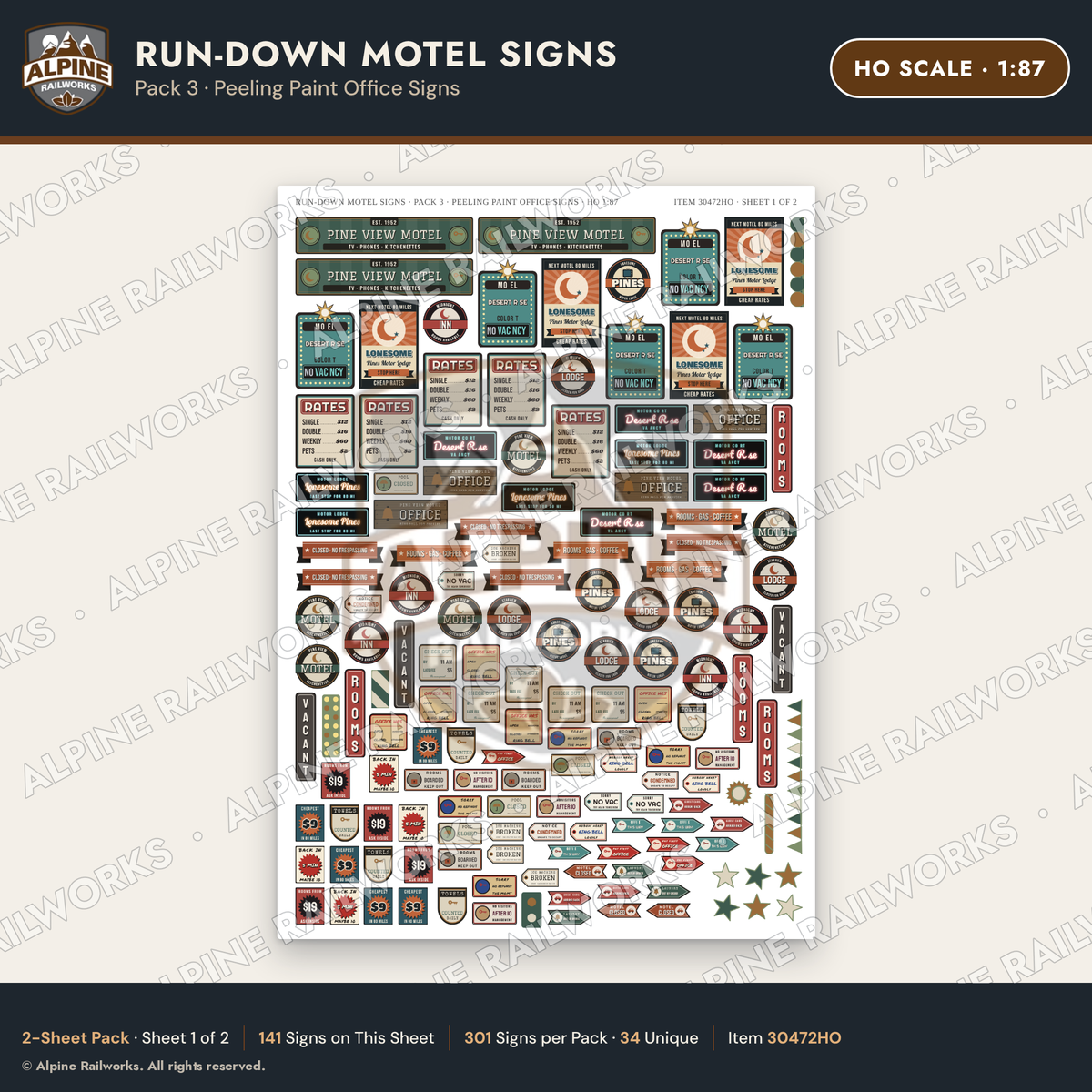 Alpine Railworks 30472HO HO Scale Run-Down Motel Signs
