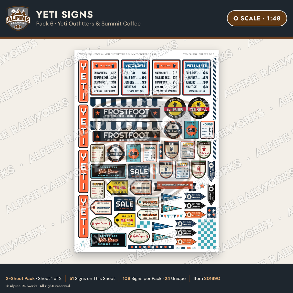 Alpine Railworks 30169O O Scale Yeti Signs - Yeti Outfitters