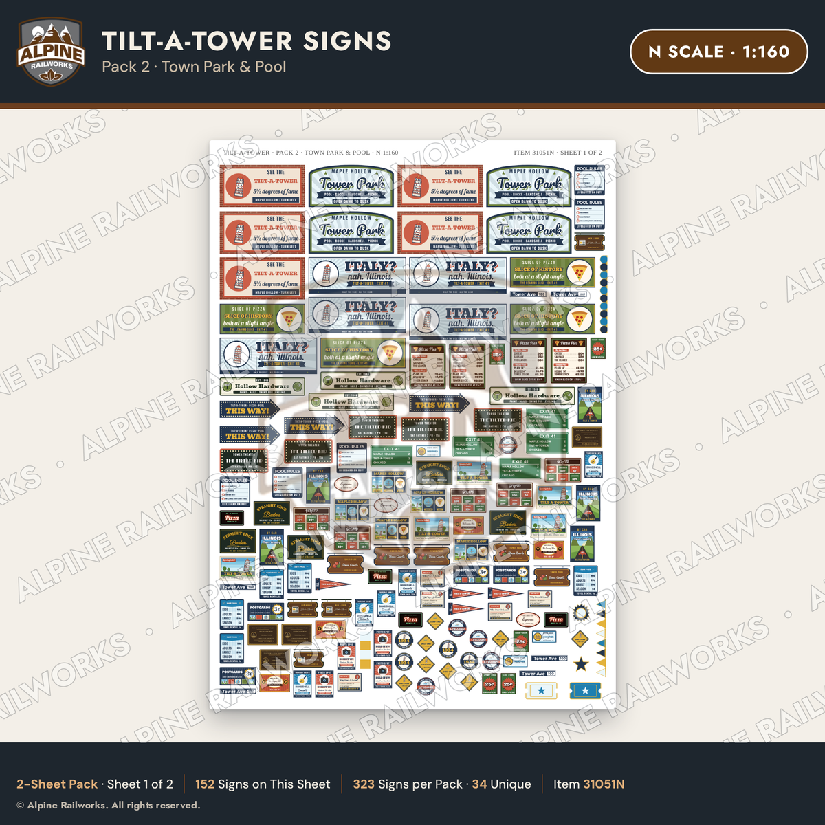 Alpine Railworks 31051N N Scale Roadside Signs - Leaning Tower
