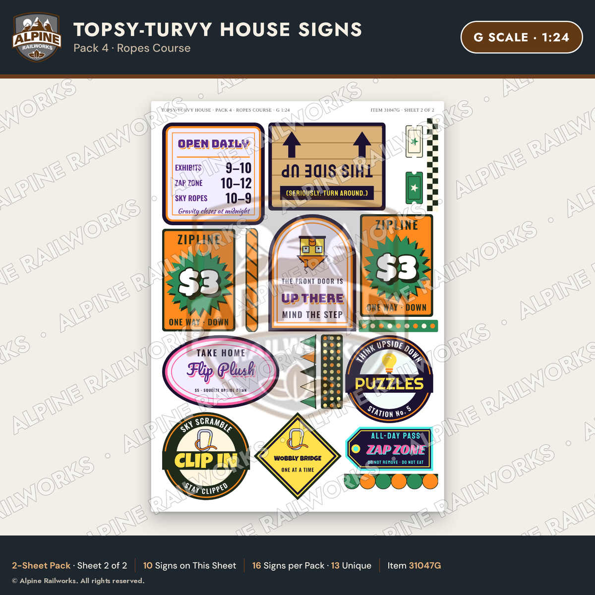 Alpine Railworks 31047G G Scale Roadside Signs - Upside-Down House