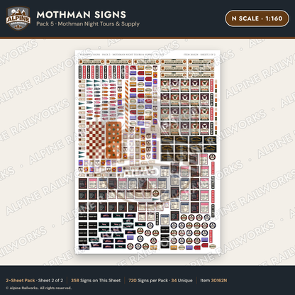 Alpine Railworks 30162N N Scale Mothman Signs - Mothman Night Tours