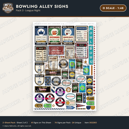 Alpine Railworks 30226O O Scale Bowling Alley Signs - League Night