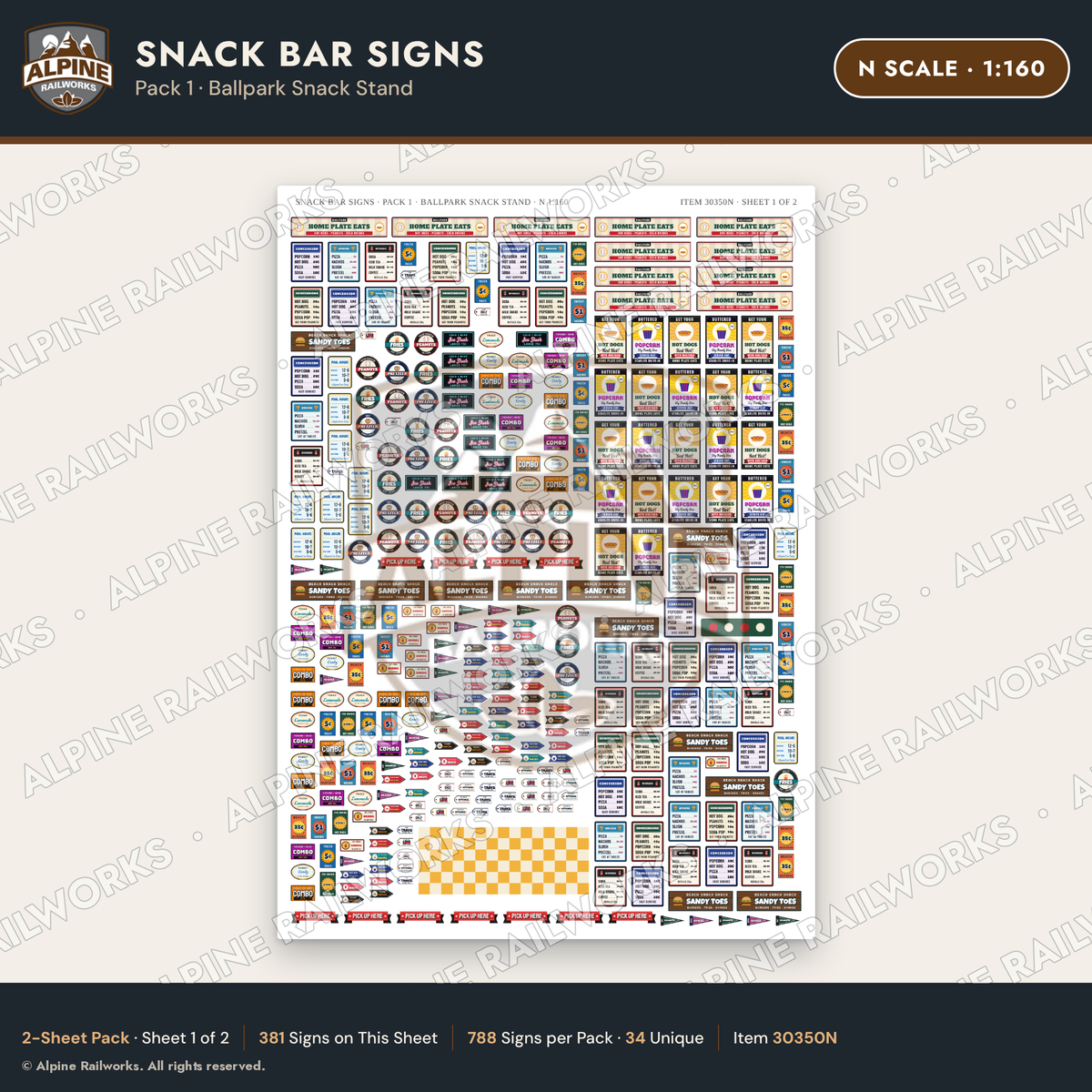Alpine Railworks 30350N N Scale Snack Bar Signs - Ballpark Snack Stand