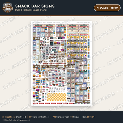 Alpine Railworks 30350N N Scale Snack Bar Signs - Ballpark Snack Stand