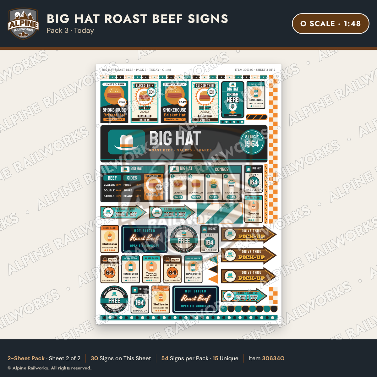 Alpine Railworks 30634O O Scale Fast Food Signs - Western Roast Beef