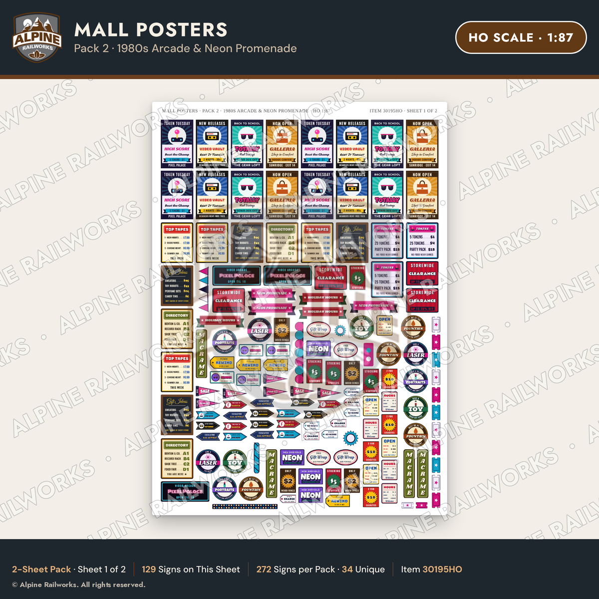Alpine Railworks 30195HO HO Scale Mall Posters - 1980s Arcade