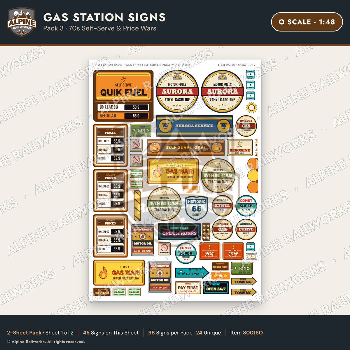 Alpine Railworks 30016O O Scale Gas Station Signs - 70s Self-Serve