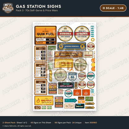Alpine Railworks 30016O O Scale Gas Station Signs - 70s Self-Serve