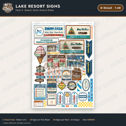 Alpine Railworks 30694O O Scale Lake Resort Signs - Beach & Swim Area