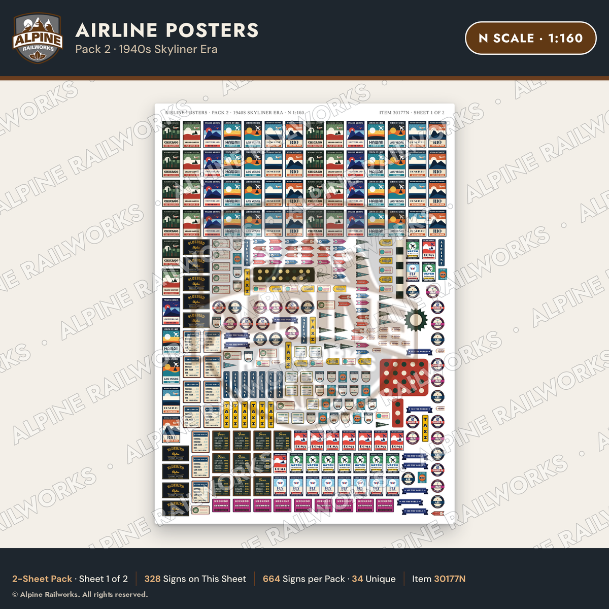 Alpine Railworks 30177N N Scale Airline Posters - 1940s Skyliner Era