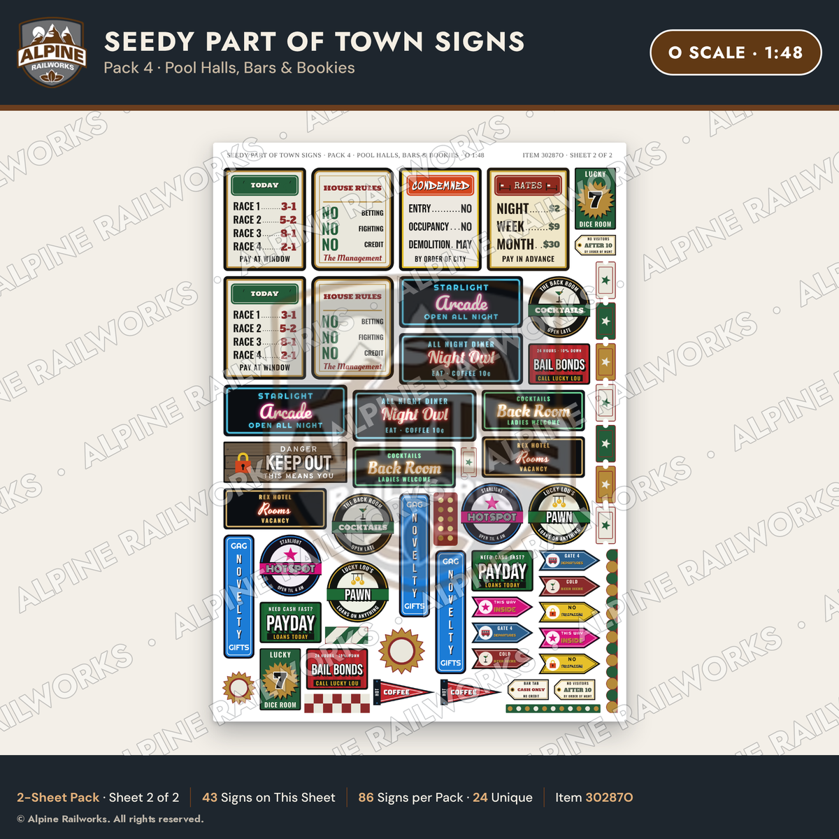 Alpine Railworks 30287O O Scale Seedy Part of Town Signs - Pool Halls