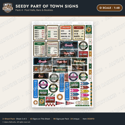 Alpine Railworks 30287O O Scale Seedy Part of Town Signs - Pool Halls