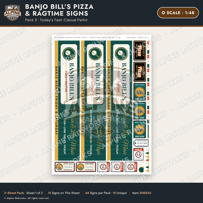 Alpine Railworks 30652O O Scale Restaurant Signs - Pizza & Music Hall