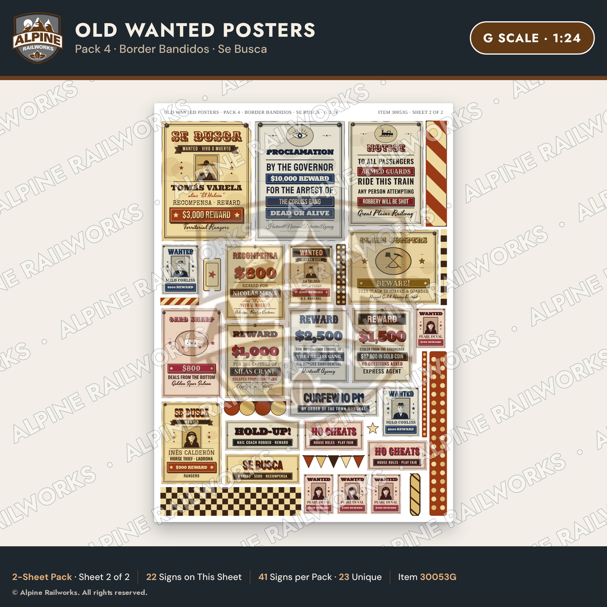 Alpine Railworks 30053G G Scale Old Wanted Posters - Border Bandidos