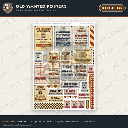Alpine Railworks 30053G G Scale Old Wanted Posters - Border Bandidos