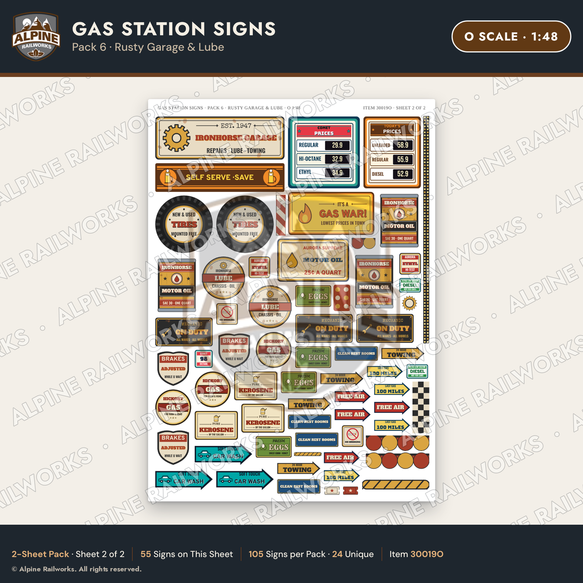 Alpine Railworks 30019O O Scale Gas Station Signs - Rusty Garage