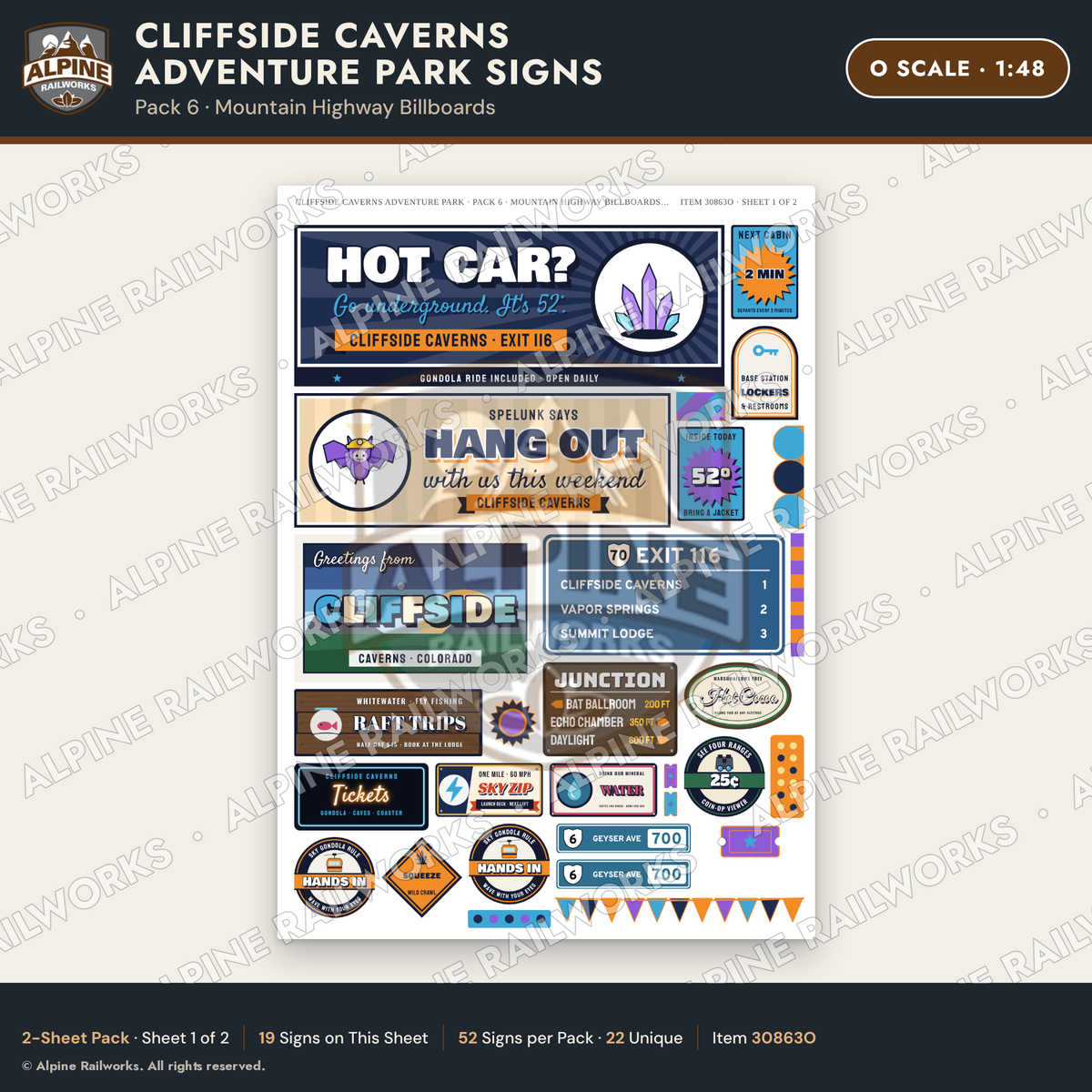 Alpine Railworks 30863O O Scale Roadside Signs - Cave Adventure Park
