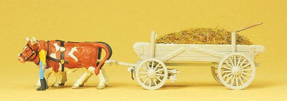 Preiser 30474 HO Scale Horse-Drawn Wagon -- Manure Wagon w/Driver, Load & Ox