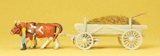 Preiser 30474 HO Scale Horse-Drawn Wagon -- Manure Wagon w/Driver, Load & Ox