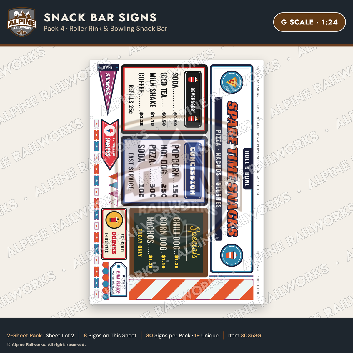 Alpine Railworks 30353G G Scale Snack Bar Signs - Roller Rink