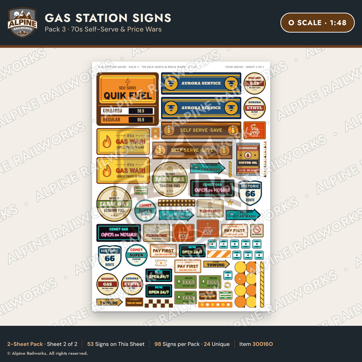 Alpine Railworks 30016O O Scale Gas Station Signs - 70s Self-Serve