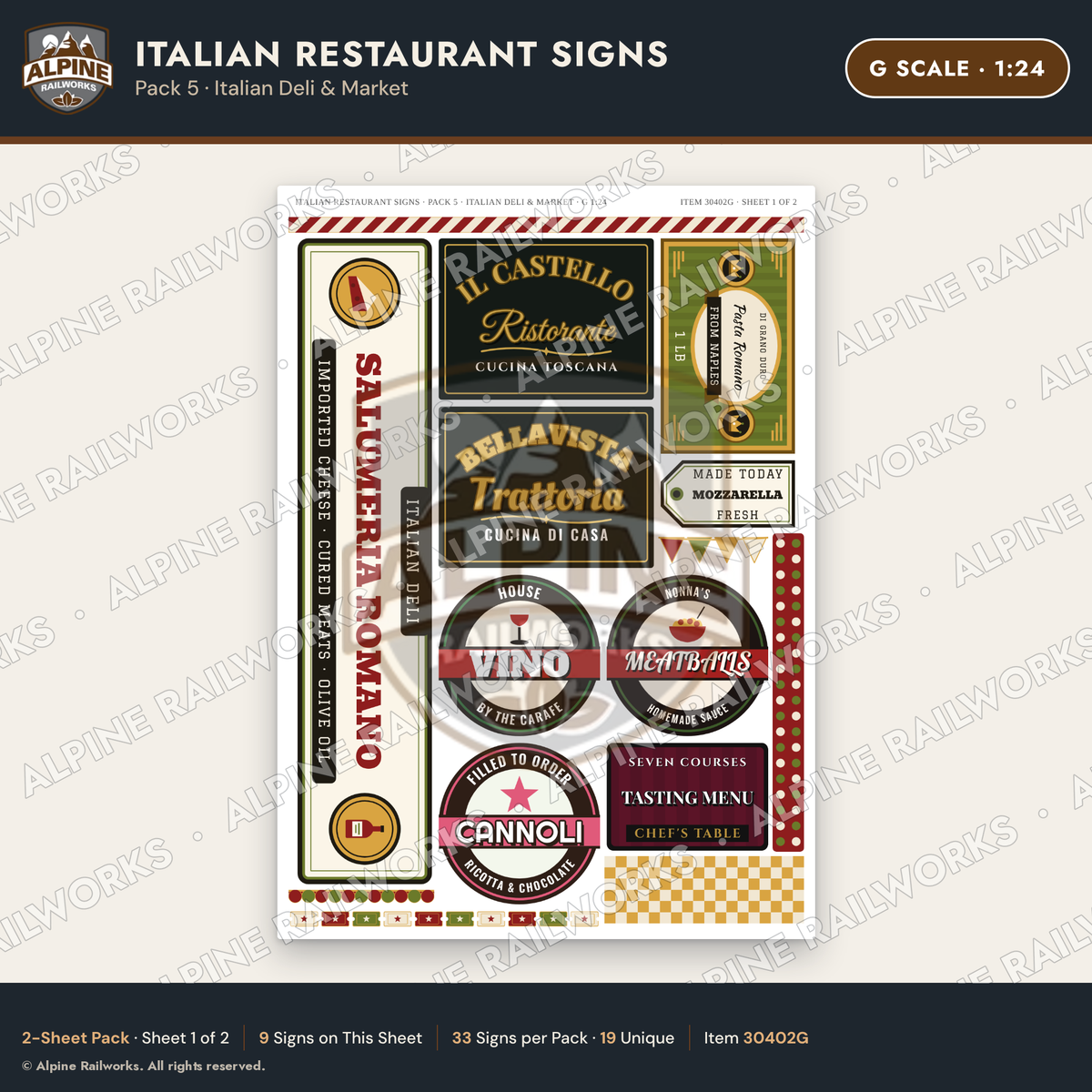 Alpine Railworks 30402G G Scale Italian Restaurant Signs
