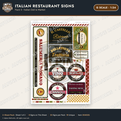 Alpine Railworks 30402G G Scale Italian Restaurant Signs