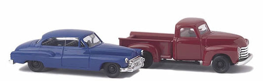 Busch 8320 N Scale 1950 Chevrolet Pickup & 1950 Buick Set -- Red Truck & Blue Car