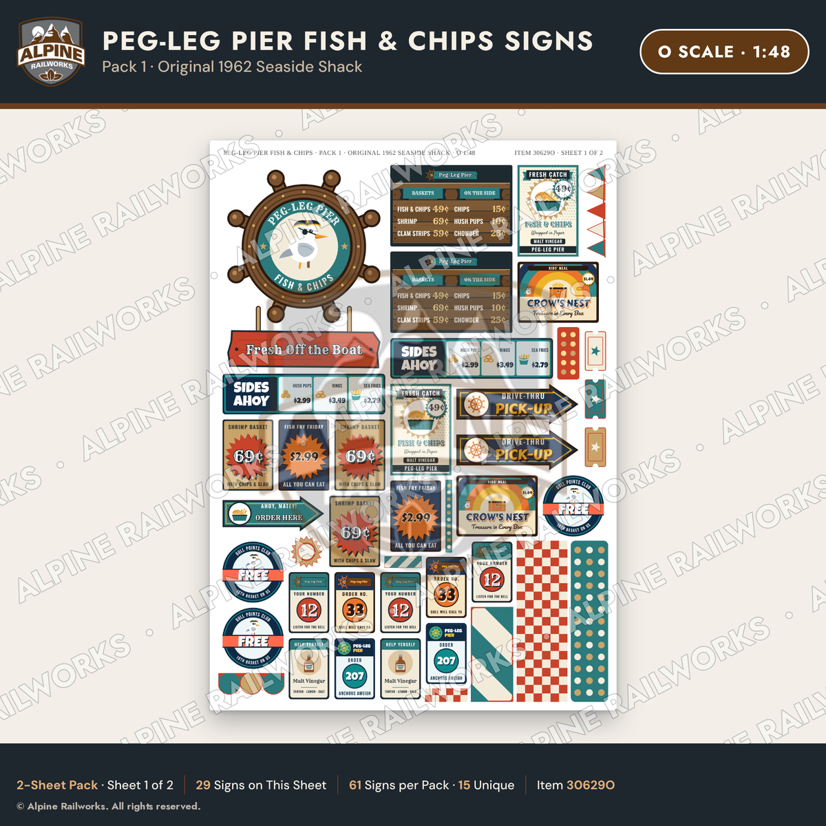 Alpine Railworks 30629O O Scale Fast Food Signs - Fish & Chips