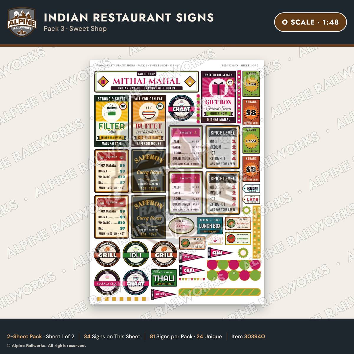 Alpine Railworks 30394O O Scale Indian Restaurant Signs - Sweet Shop