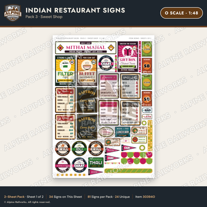 Alpine Railworks 30394O O Scale Indian Restaurant Signs - Sweet Shop
