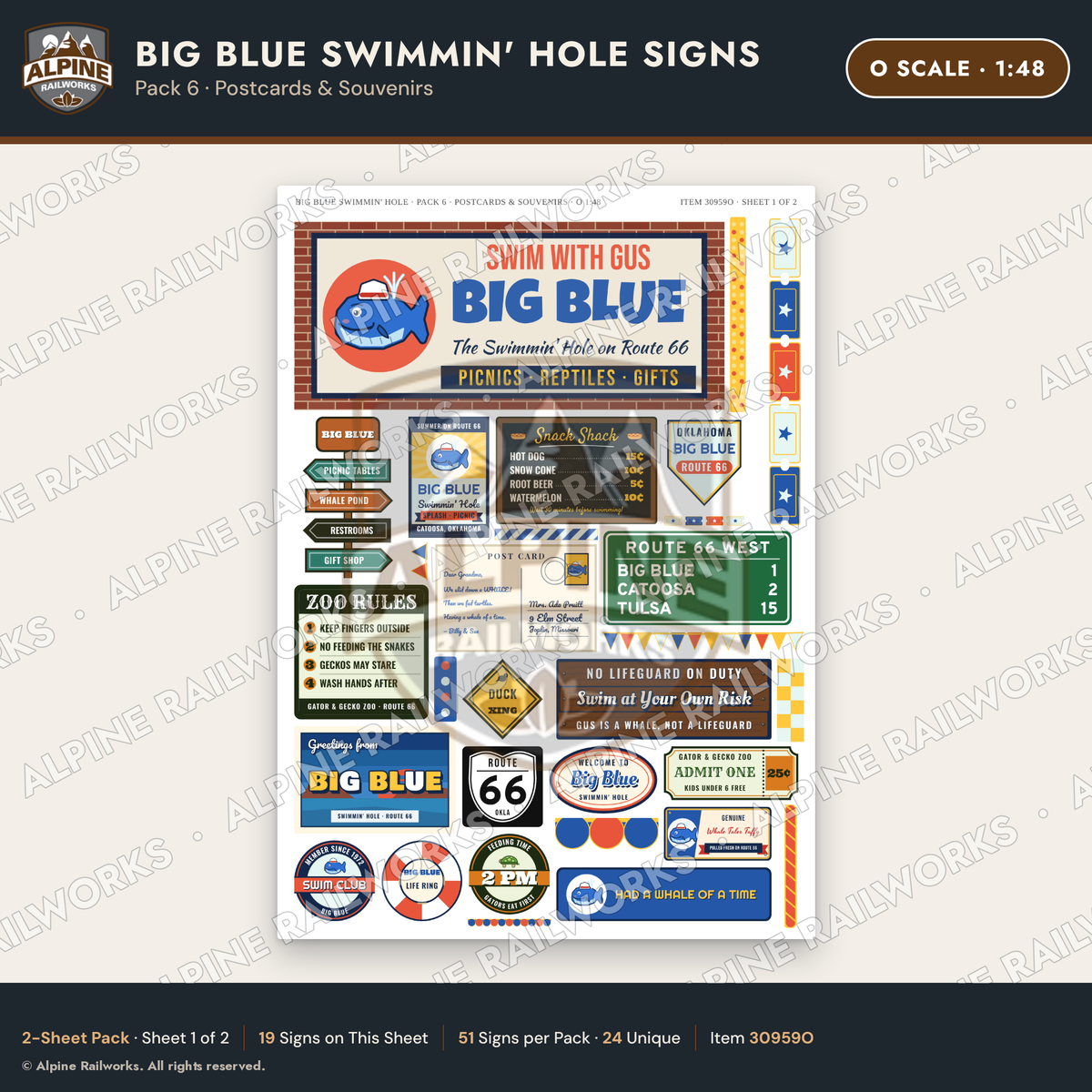 Alpine Railworks 30959O O Scale Roadside Attraction Signs - Blue Whale