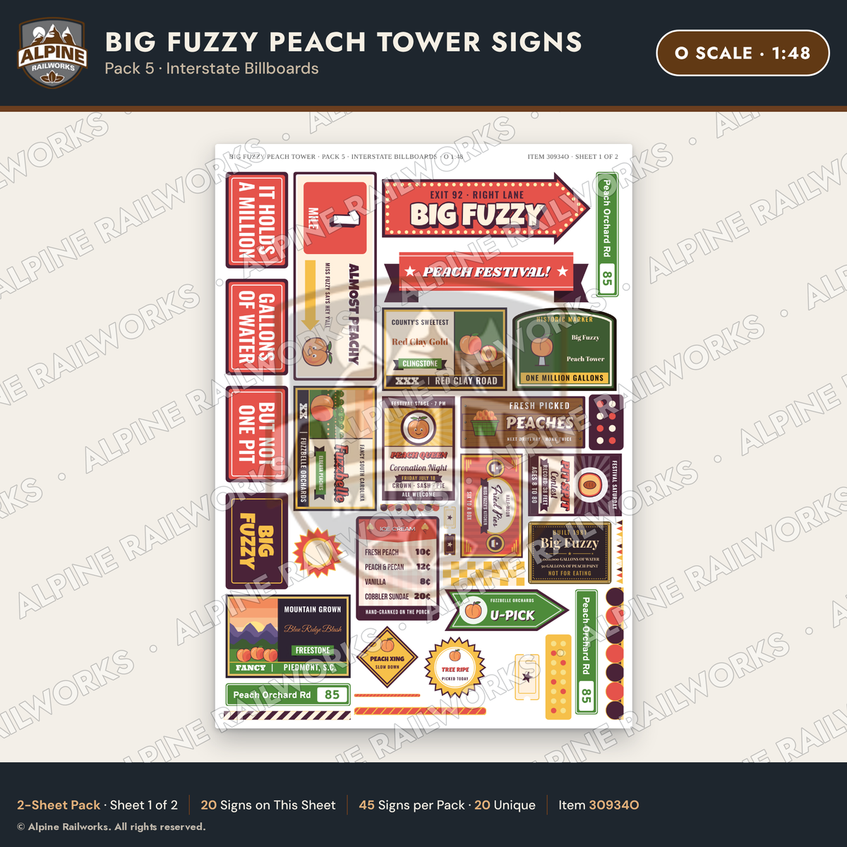 Alpine Railworks 30934O O Scale Roadside Signs - Peach Water Tower