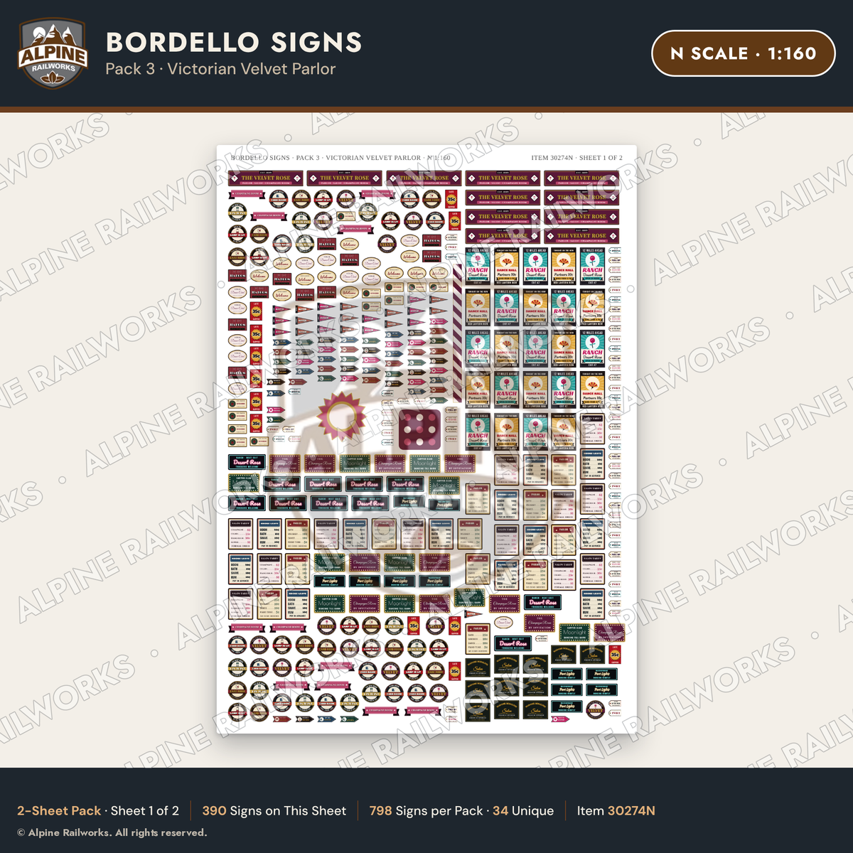 Alpine Railworks 30274N N Scale Bordello Signs