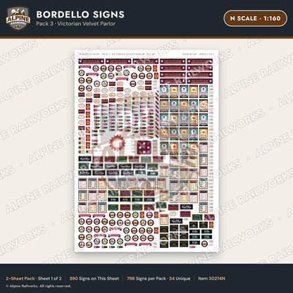 Alpine Railworks 30274N N Scale Bordello Signs