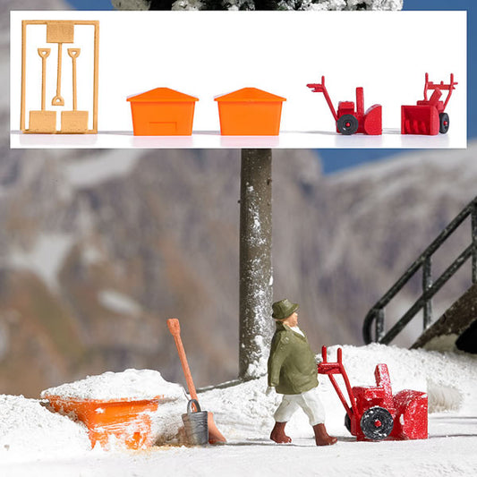 Busch 8058 N Scale Winter Snow Equipment - 2 Snowblowers, 3 Shovels, 2 Salt Bins
