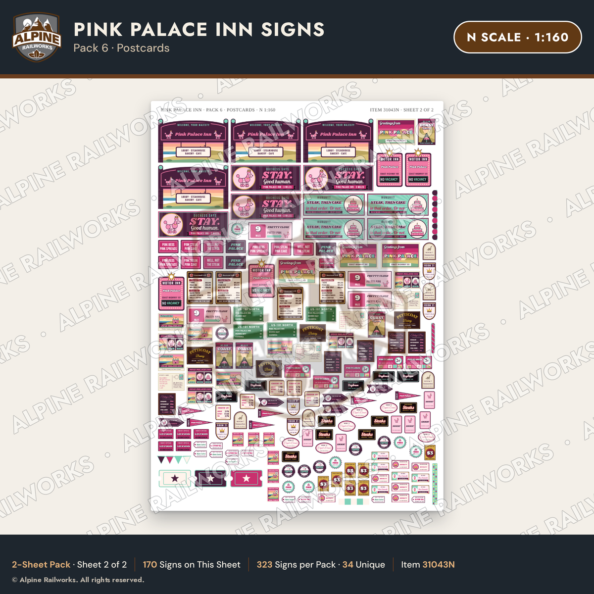 Alpine Railworks 31043N N Scale Roadside Signs - Pink Themed Motel