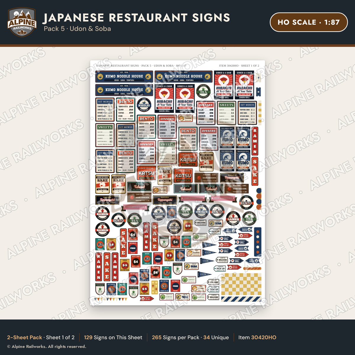 Alpine Railworks 30420HO HO Scale Japanese Restaurant Signs - Udon