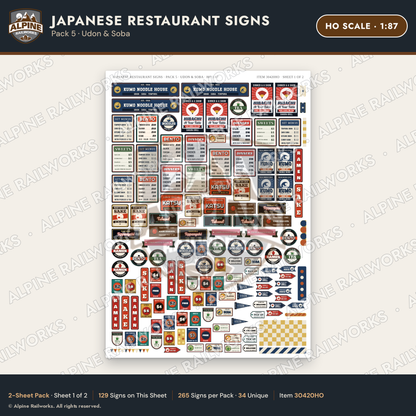 Alpine Railworks 30420HO HO Scale Japanese Restaurant Signs - Udon