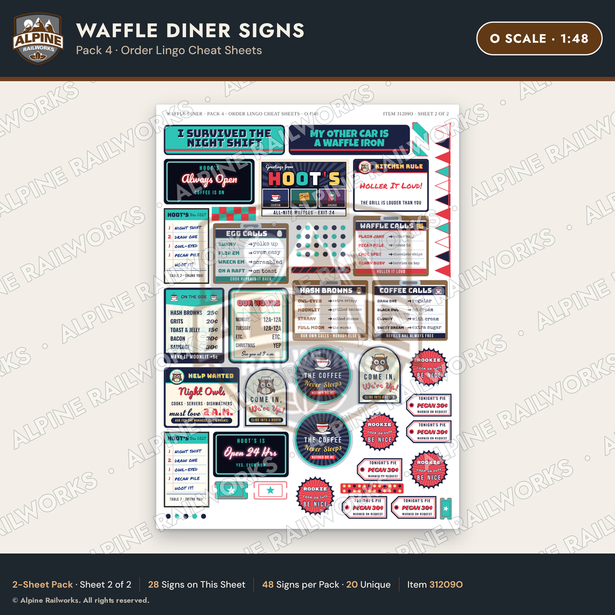 Alpine Railworks 31209O O Scale Waffle Diner Signs - Order Lingo