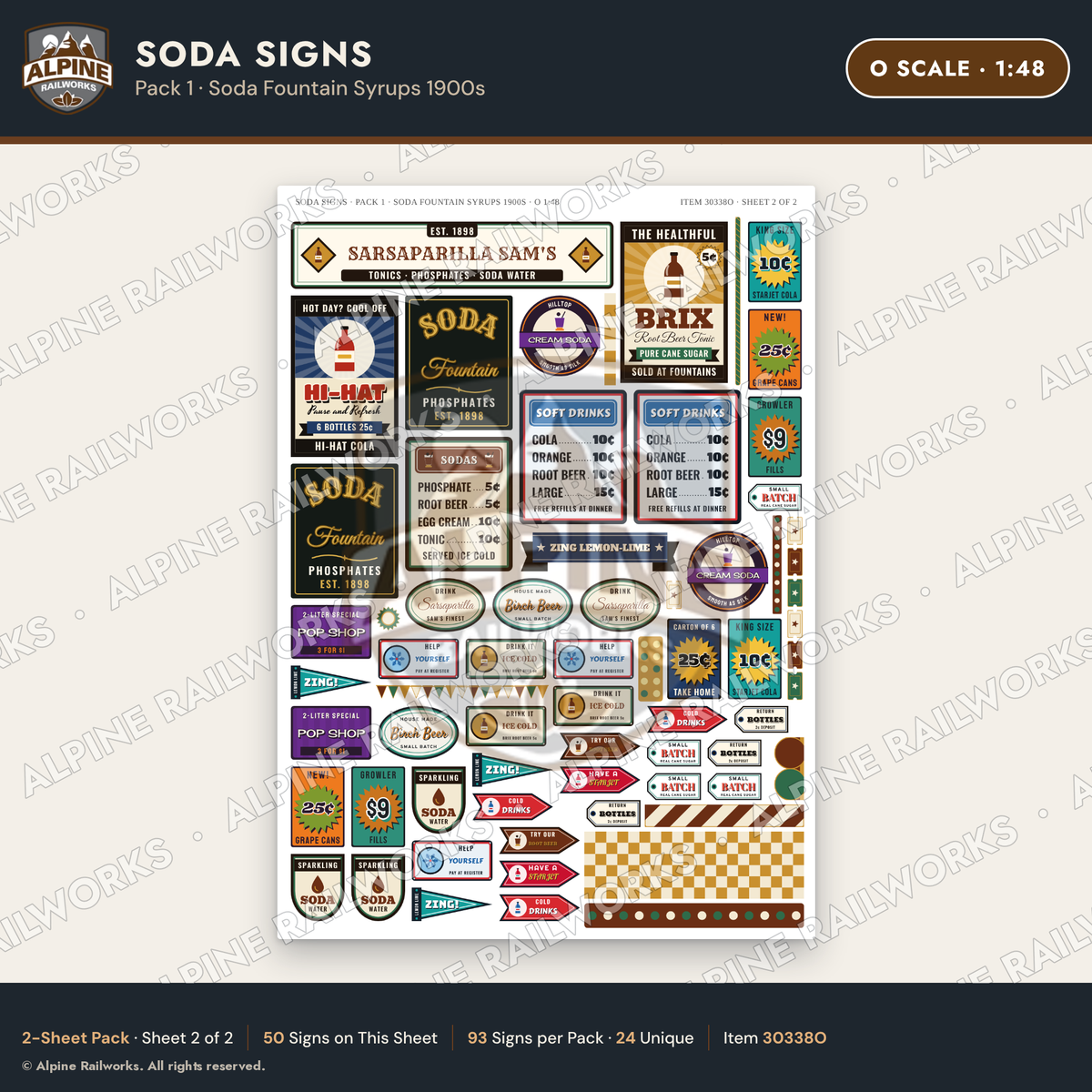 Alpine Railworks 30338O O Scale Soda Signs - Soda Fountain Syrups