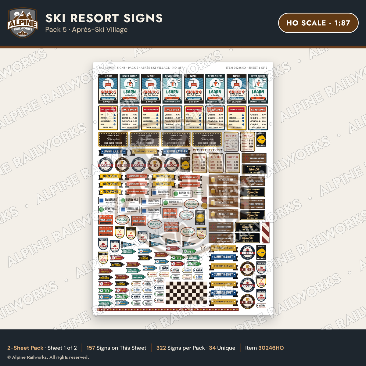 Alpine Railworks 30246HO HO Scale Ski Resort Signs - Apres-Ski Village