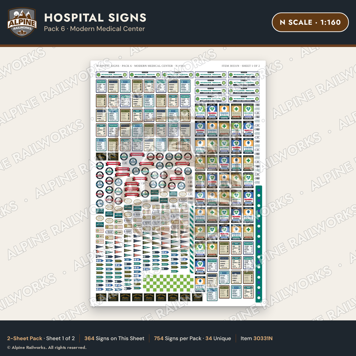 Alpine Railworks 30331N N Scale Hospital Signs - Modern Medical Center